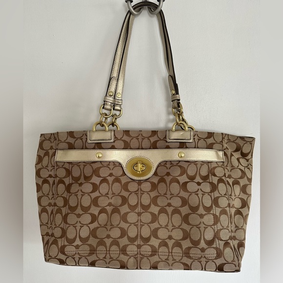 COACH Penelope Signature Jacquard Carryall Khaki & Gold Shoulder Hand Bag F16541 - Picture 2 of 6